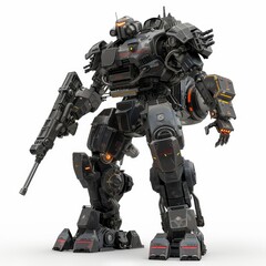 Fototapeta premium This is a 3D illustration of a sci-fi mech soldier holding an assault gun on a white background. Isolated on white background, it shows a field trooper robot in a green gray color, with scratches in