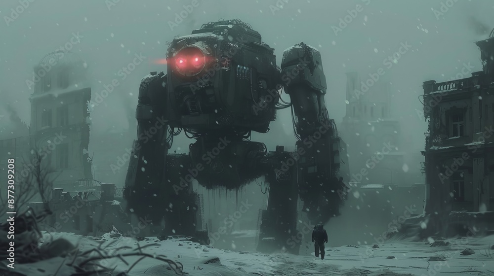 Poster three-dimensional rendering of a huge military robot in the ruins of an apocalyptic city.