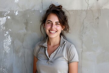 Portrait of a merry caucasian woman in her 20s wearing a sporty polo shirt over bare concrete or plaster wall