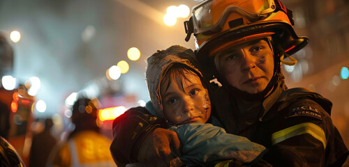 a firefighter carries a child out of the heat in his arms, firefighters work to extinguish the fire,generative ai