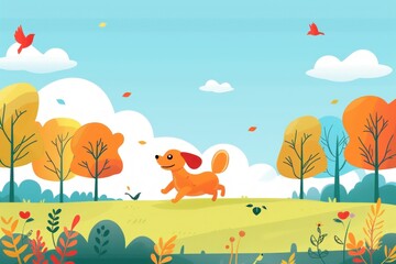 Flat design illustration of a playful dog in a park, showcasing a variety of vibrant trees and plants in the background. The dog is happily running and enjoying the sunny day, with a few birds flying
