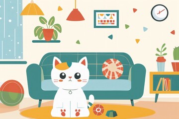 Flat design illustration of a curious cat exploring a cozy living room, surrounded by colorful furniture and playful toys. The cat is depicted with a charming expression, capturing its playful and