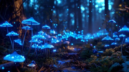 Mystical Forest with Glowing Bioluminescent Mushrooms Creating an Otherworldly Atmosphere