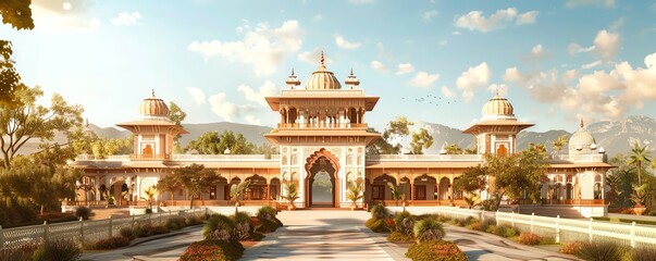 Majestic palace entrance with ornate details and lush greenery.