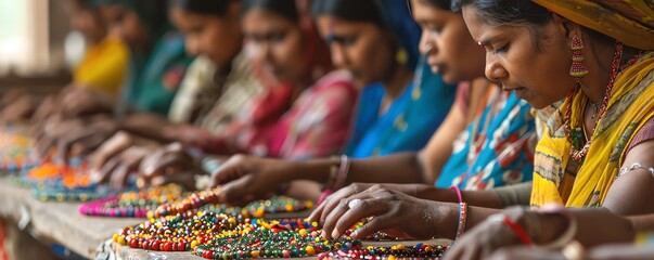 Fototapeta premium Women working together to assemble colorful beads.