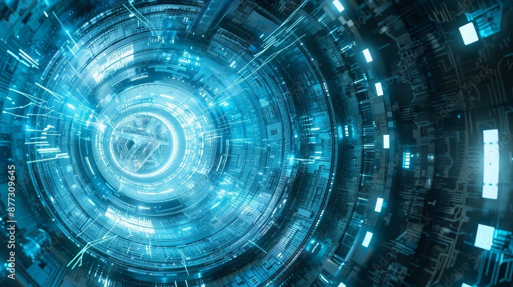Poster the flight in the abstract sci-fi tunnel uses futuristic motion graphics, a high-tech background. th