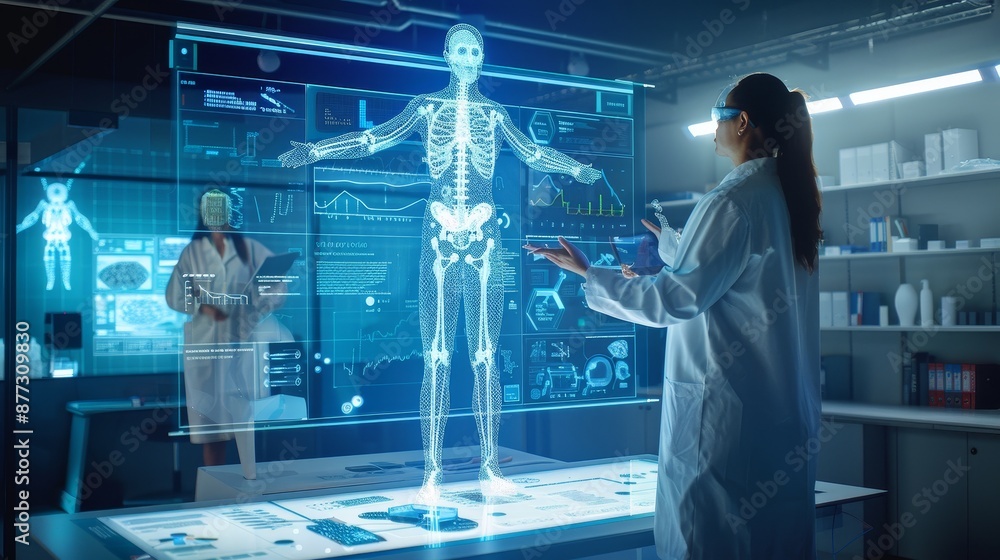 Poster digital innovation and vr hologram of science in a futuristic biotechnology lab with futuristic data