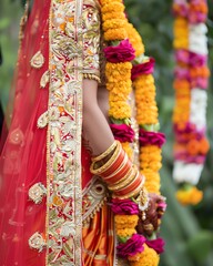 Close up of an Indian bride's arm adorned with bangles and traditional flower garlands.