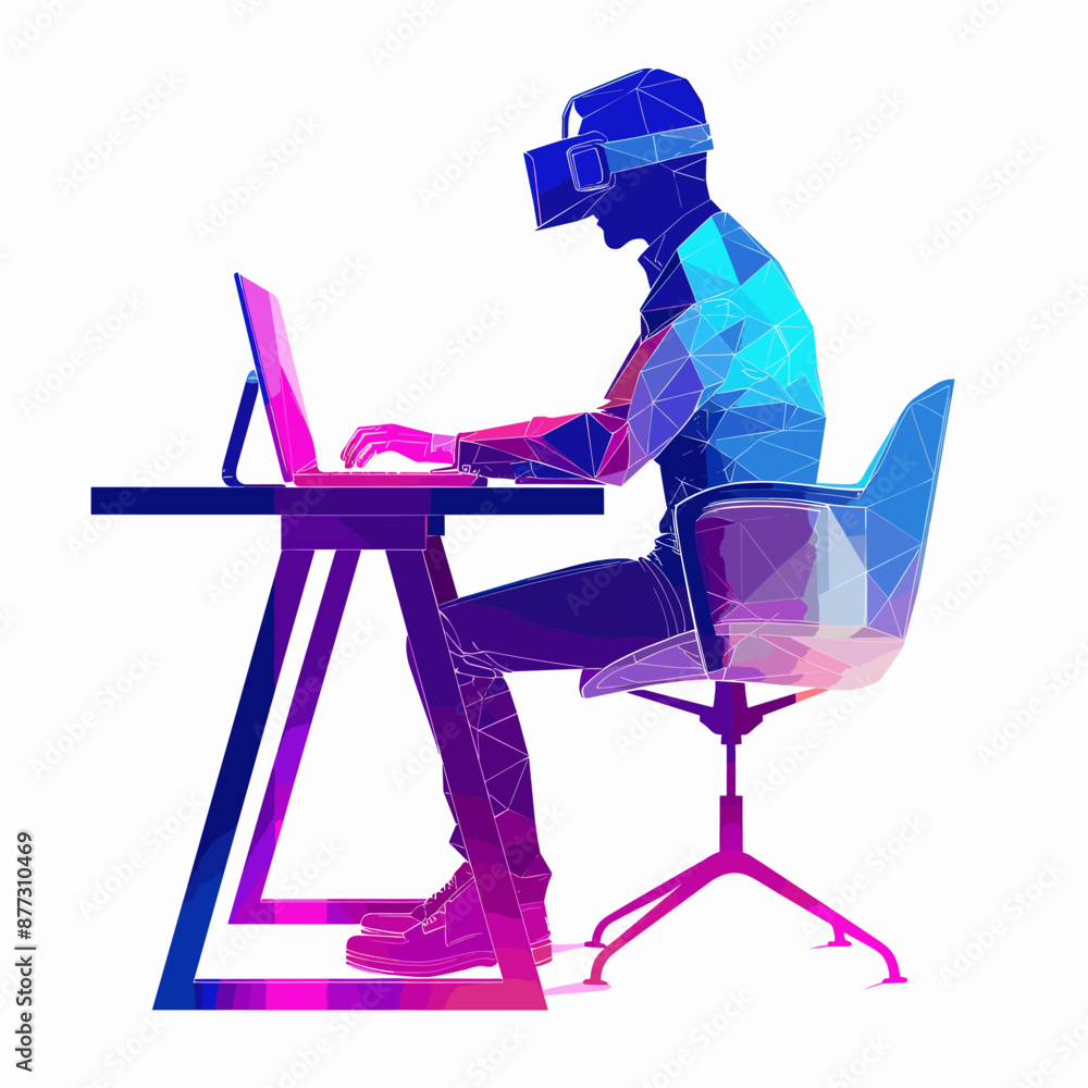 Poster man in virtual reality headset working with laptop. polygonal vector illustration.