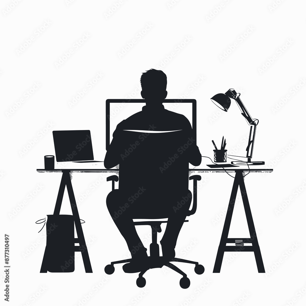 Poster silhouette of a man sitting at a desk in front of a computer. vector illustration