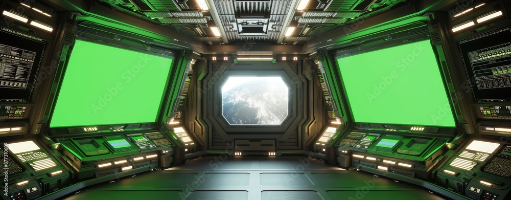 Aufkleber a white interior of a spaceship with an isolated window. a futuristic spacecraft with glowing blue a