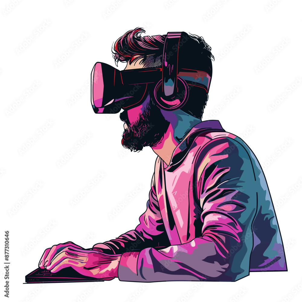 Poster man wearing virtual reality goggles. vector illustration of a man using a virtual reality headset.