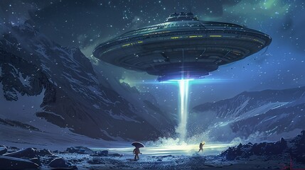 Obraz premium Illustration painting of sci-fi scene showing a spaceship abducting a human at night, digital art style