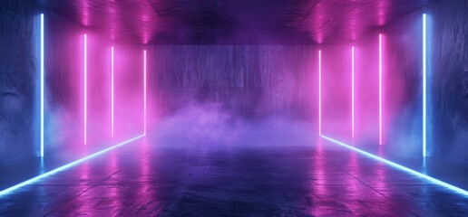 The interior of a futuristic garage, with a purple blue neon laser retro modern spaceship, a showroom gallery, and a tunnel corridor in 3D.