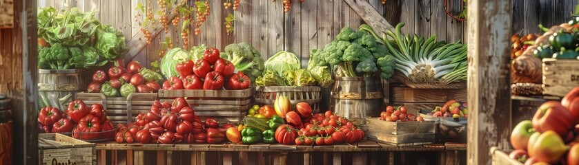 Colorful display of fresh vegetables and fruits at a farmers market. Wood crates filled with tomatoes, peppers, and apples under rustic shelter.