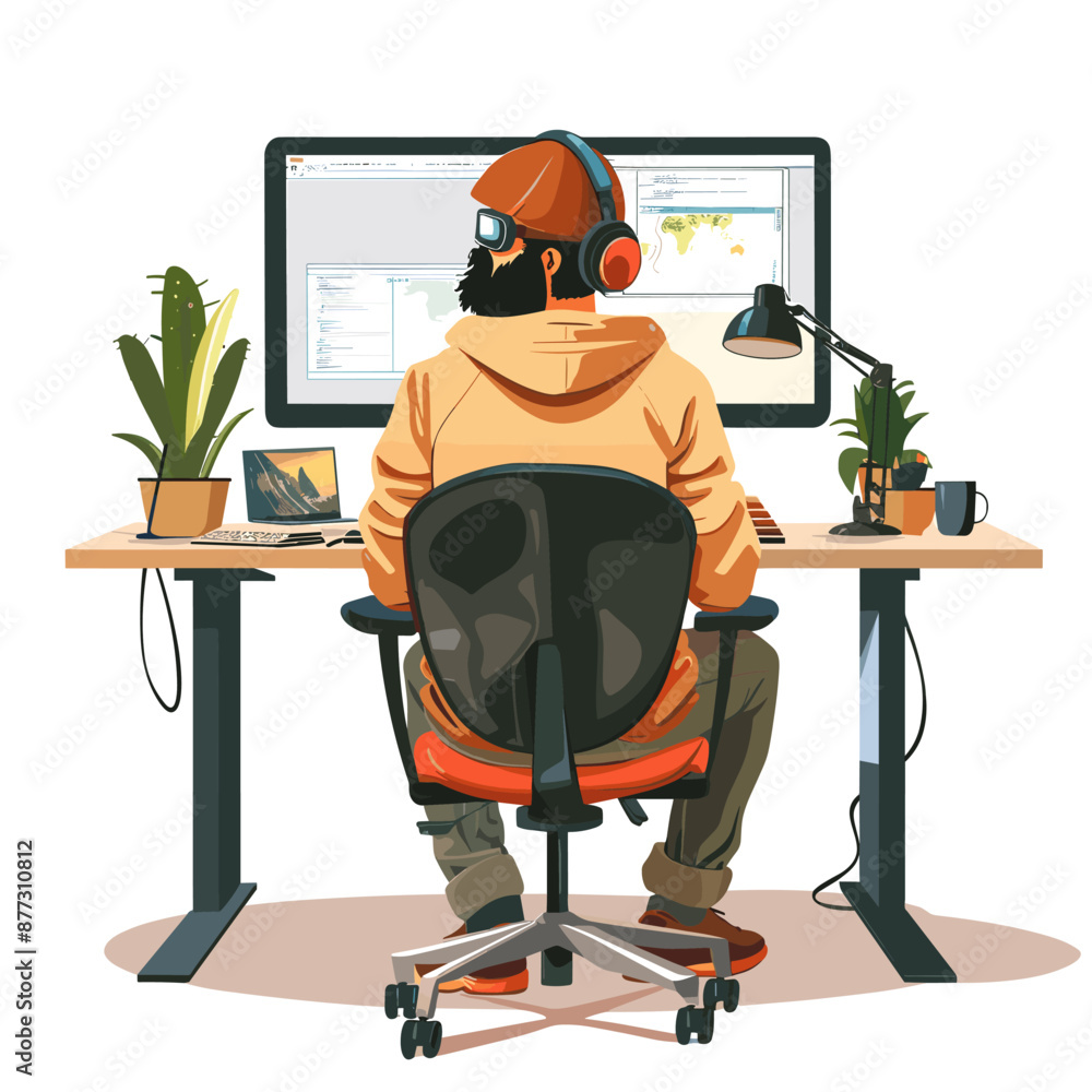 Poster a man is sitting at a desk with a computer monitor in front of him. he is wearing headphones and a h