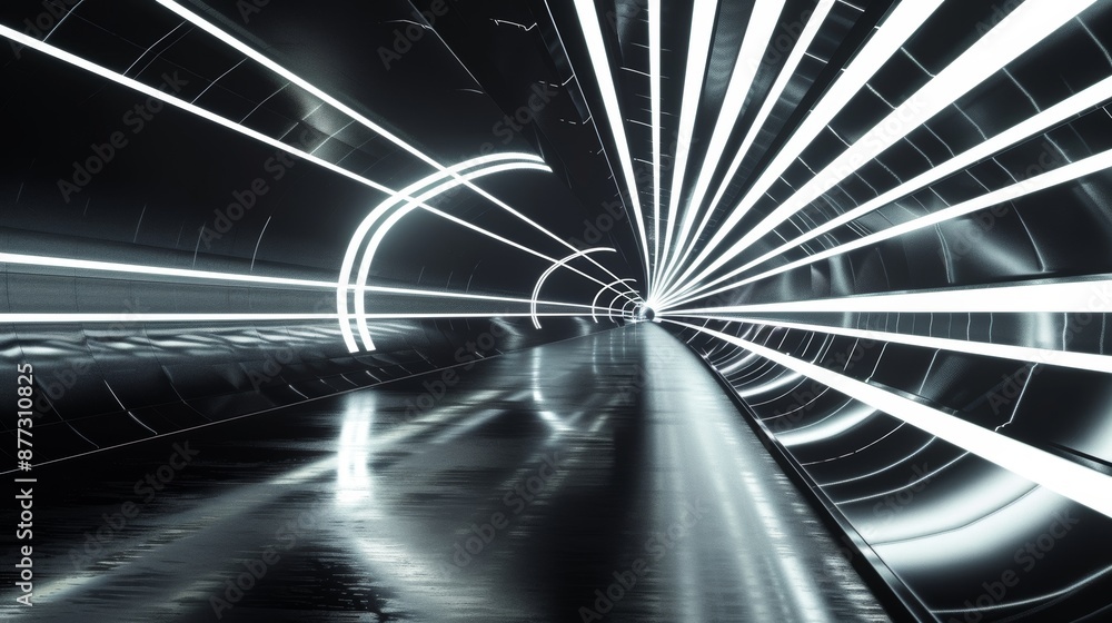 Poster 3d rendering image showing sci fi neon glowing lines in a dark tunnel, reflecting the floor and ceiling. Abstract glowing lines. Modern technology futuristic background.