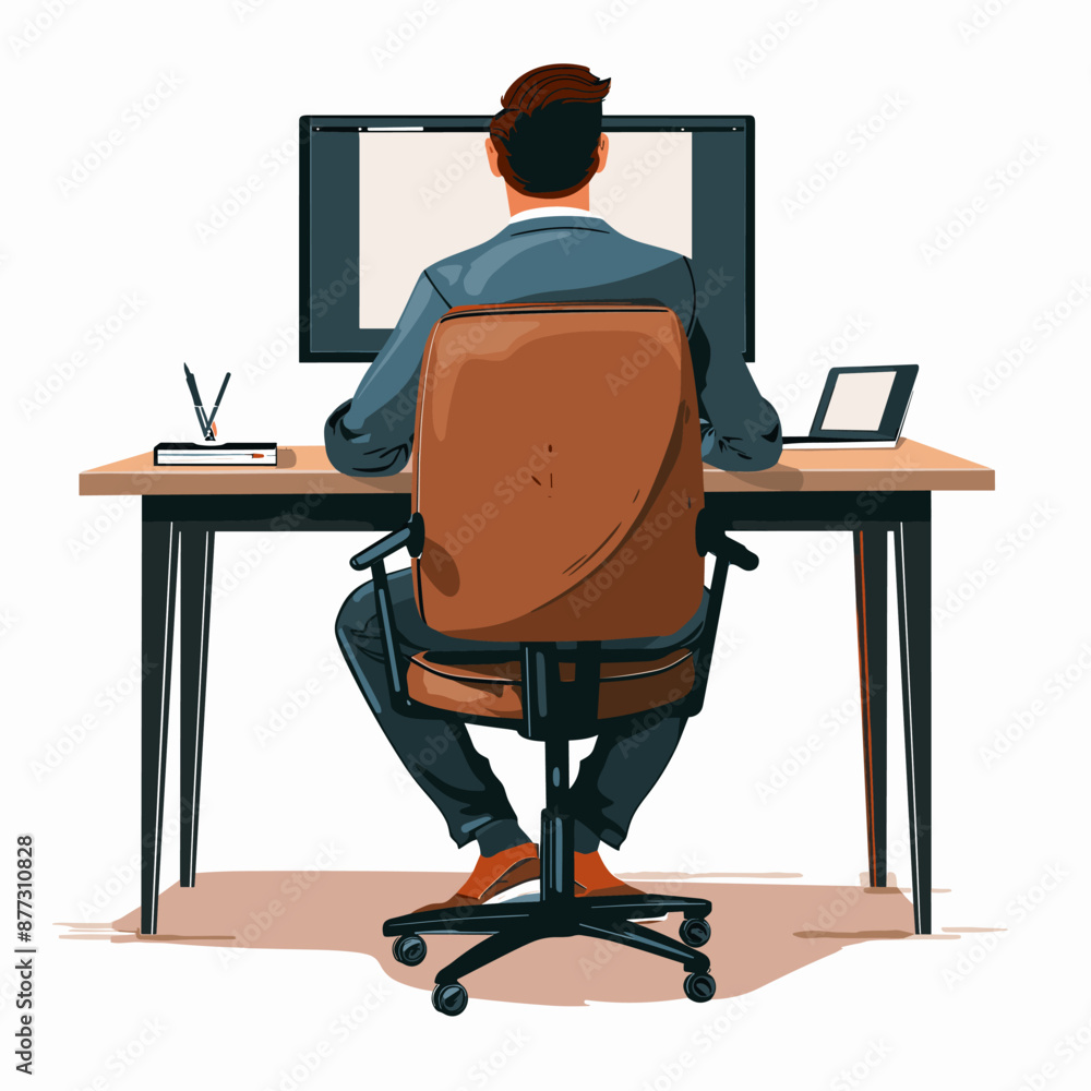 Poster a man is sitting at a desk with a computer monitor and a keyboard. he is wearing a suit and tie. con