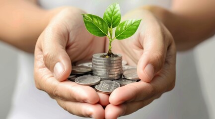 Hands Holding a Stack of Coins with a Growing Plant - Sustainable Investment Concept.