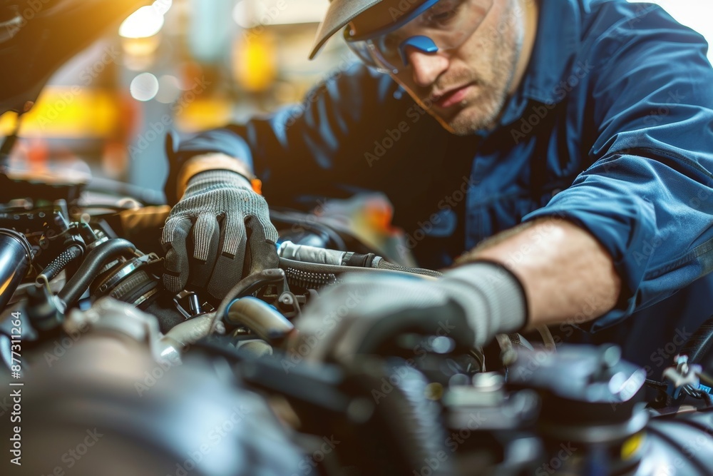 Poster mechanic precision: professional working on high-performance engine in workshop