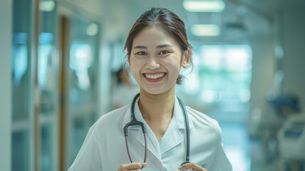 the thai female doctor is running, smile face, in hospital,generative ai