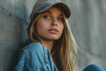 Portrait of a thoughtful blonde woman looking away, with an urban metallic wall background