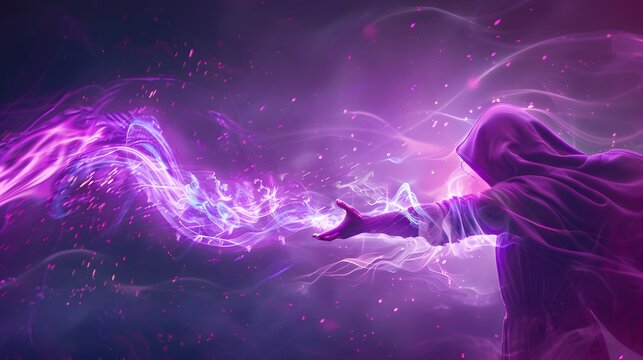 A hooded figure casting purple magic, glowing with mystical energy.