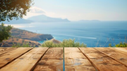 Wooden Tabletop with a Stunning Coastal View