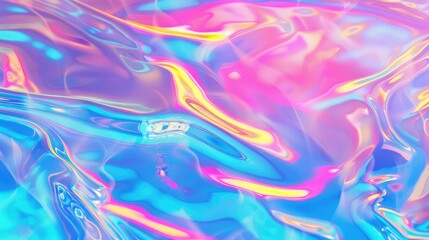 Fototapeta premium Holographic Glitch. Fluorescent Neon Cellophane Texture in Acid Holographic Colors