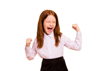 Portrait of nice attractive lovely crazy cheerful cheery overjoyed pre-teen girl great cool news dream attainment accomplishment rejoicing isolated over beige pastel background