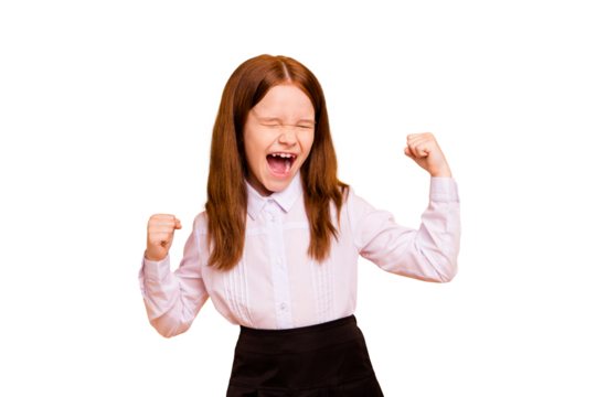 Portrait of nice attractive lovely crazy cheerful cheery overjoyed pre-teen girl great cool news dream attainment accomplishment rejoicing isolated over beige pastel background