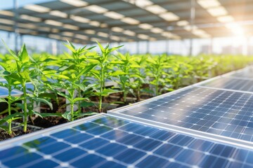 Fototapeta premium Solar panels and green plants in a greenhouse, combining renewable energy with agriculture for sustainable farming solutions.