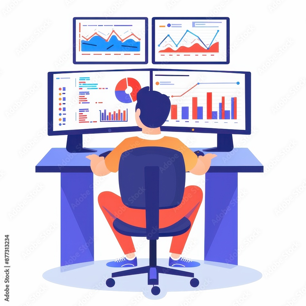 Poster Person analyzing financial data on multiple monitors, browsing information, and generating reports in a modern workstation setup.