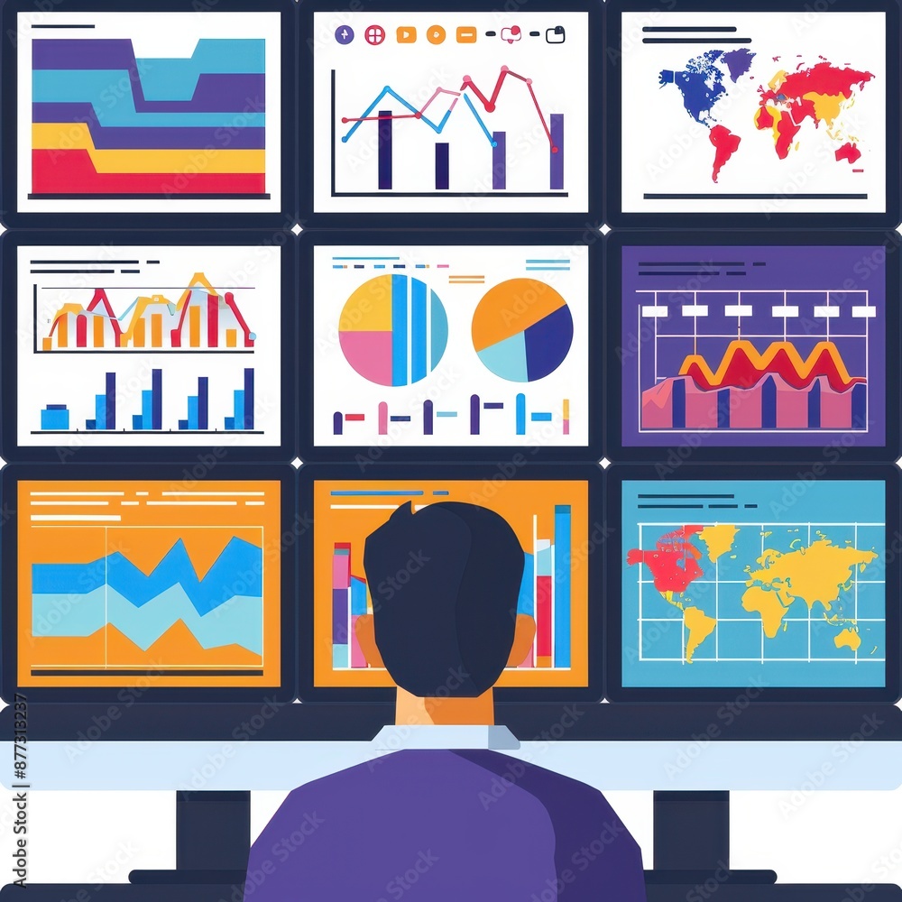 Leinwandbilder person analyzing various data charts on multiple screens, displaying graphs, maps, and statistics, r