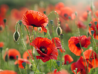 Naklejka premium Beautiful poppy field in spring with red poppies flowers and blurred background.Growing crops for the pharmaceutical industry concept.