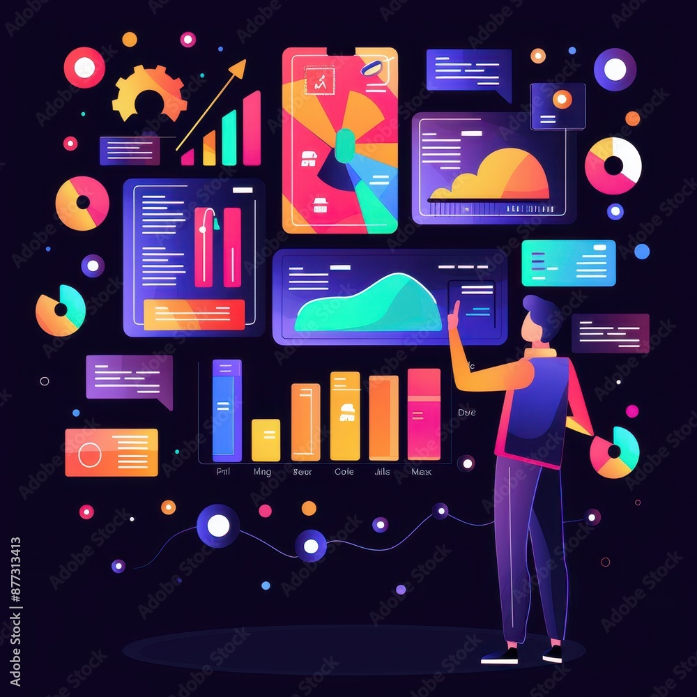Poster person analyzing colorful data visualizations on digital screens, representing analytics and data sc
