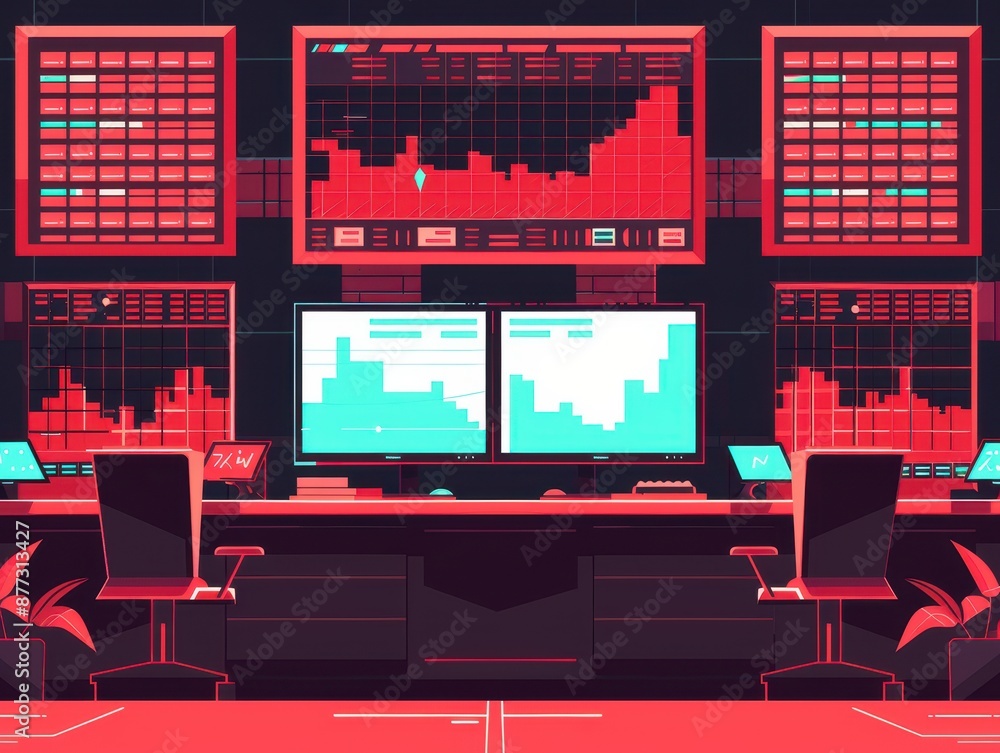 Aufkleber modern trading workstation with multiple monitors displaying financial graphs and charts. high-tech,