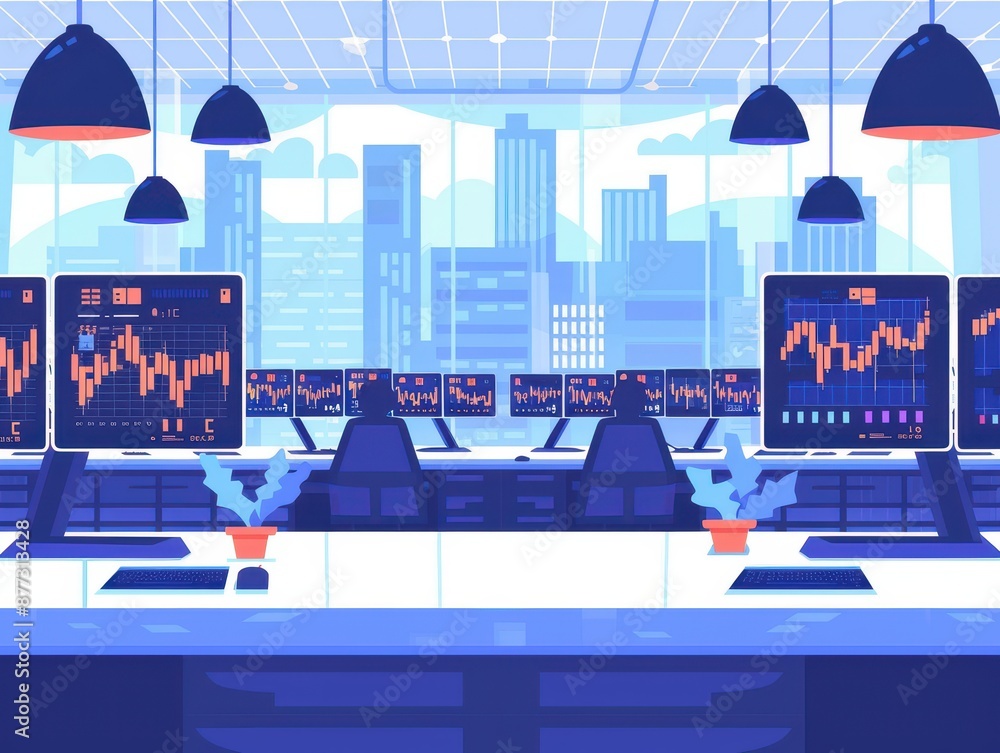 Aufkleber Modern trading room with multiple computer screens displaying financial stock market charts and city skyline view.