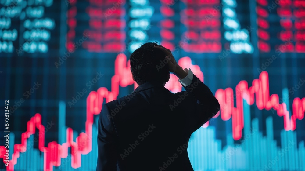 Poster Man in front of stock market screen displaying data and charts, representing economic uncertainty and financial analysis.