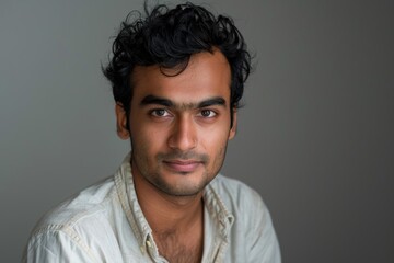 Fototapeta premium Portrait of a tender indian man in his 20s wearing a simple cotton shirt on blank studio backdrop