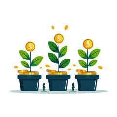Money plant growth concept illustrating financial growth, investment, and savings depicted by coins growing on plants in pots.