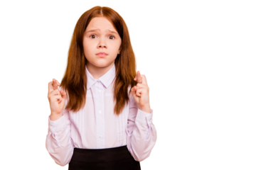 Close-up portrait of her she nice attractive lovely worried pre-teen girl holding crossed fingers anticipation news dream isolated over beige pastel background