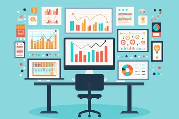 Modern analytics dashboard with charts and graphs on multiple screens. Data visualization for business insights and performance tracking.
