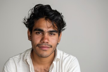 Obraz premium Portrait of a tender indian man in his 20s wearing a simple cotton shirt over blank studio backdrop