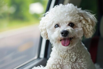 Pet In Car. Bichon Frise Dog Enjoying the Ride with Tongue Out