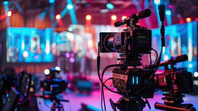 Hybrid event setup with cameras, screens, and microphones 