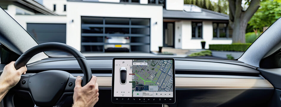 Driver Parking Car Using Navigation Screen at Modern Home