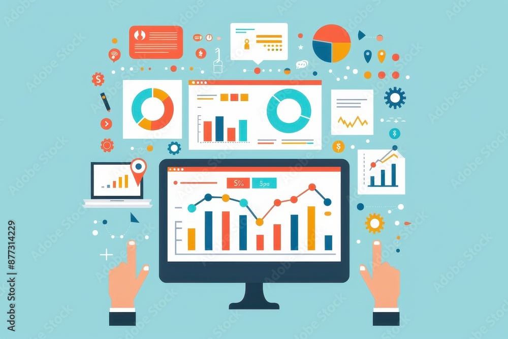 Leinwandbilder Illustration of digital data analysis with graphs and charts on multiple screens, showcasing business analytics and performance metrics.