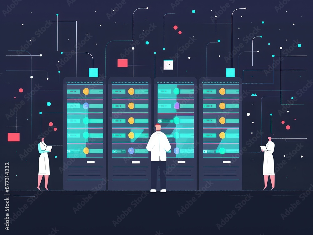 Aufkleber Illustration of data scientists analyzing servers in a network environment, showcasing data analysis and computing technology.
