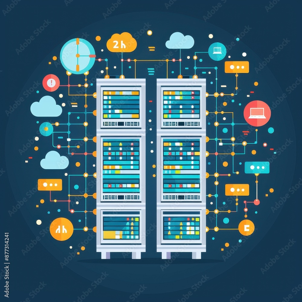 Aufkleber Illustration of data servers connected to cloud computing and network infrastructure, representing modern digital technology and data management.